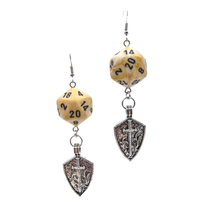 D20 Paladin Character Earrings - DND Dice Earrings w/ Shield