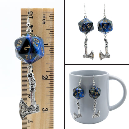 D20 Axe DND Dice Earrings - TTRPG Battle Axe Wielder Jewelry