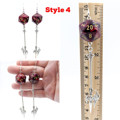 D20 Spear Fighter Character Earrings - DND Dice Earrings with Spear Halberd Trident Weapon