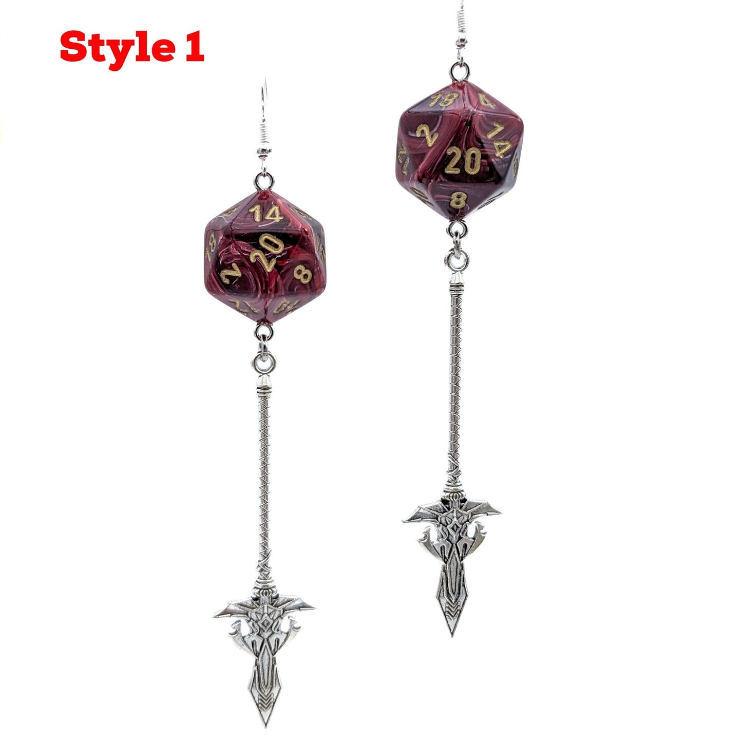 D20 Spear Fighter Character Earrings - DND Dice Earrings with Spear Halberd Trident Weapon