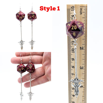 D20 Spear Fighter Character Earrings - DND Dice Earrings with Spear Halberd Trident Weapon