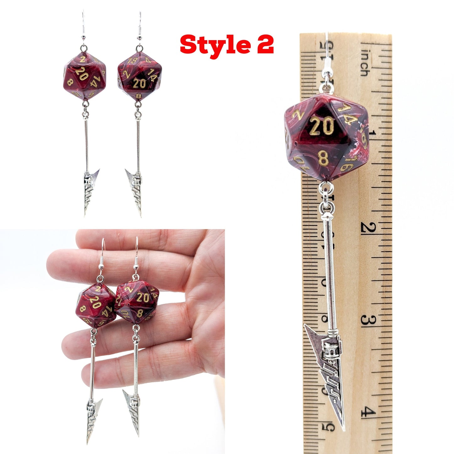 D20 Spear Fighter Character Earrings - DND Dice Earrings with Spear Halberd Trident Weapon