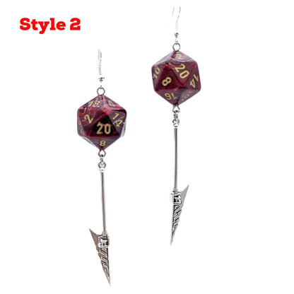 D20 Spear Fighter Character Earrings - DND Dice Earrings with Spear Halberd Trident Weapon