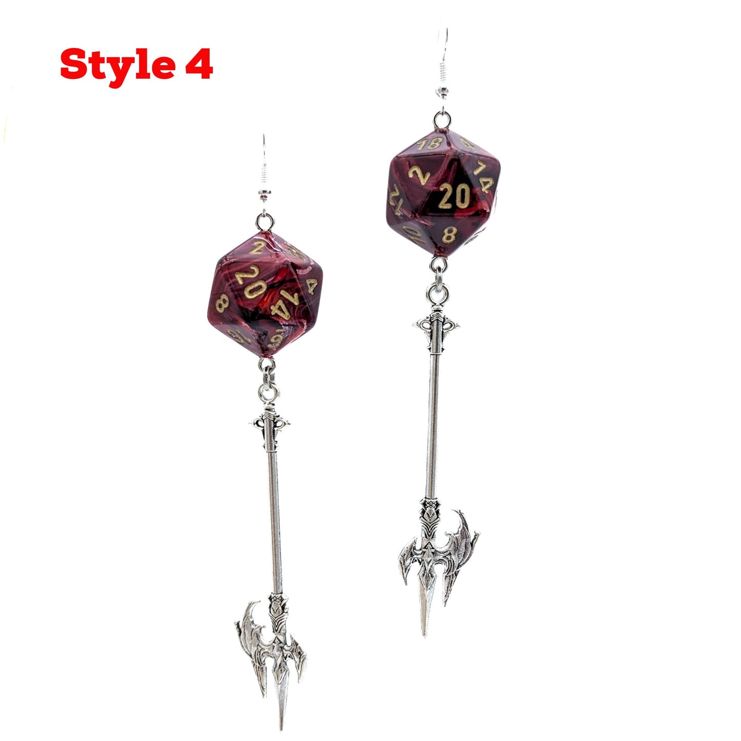 D20 Spear Fighter Character Earrings - DND Dice Earrings with Spear Halberd Trident Weapon