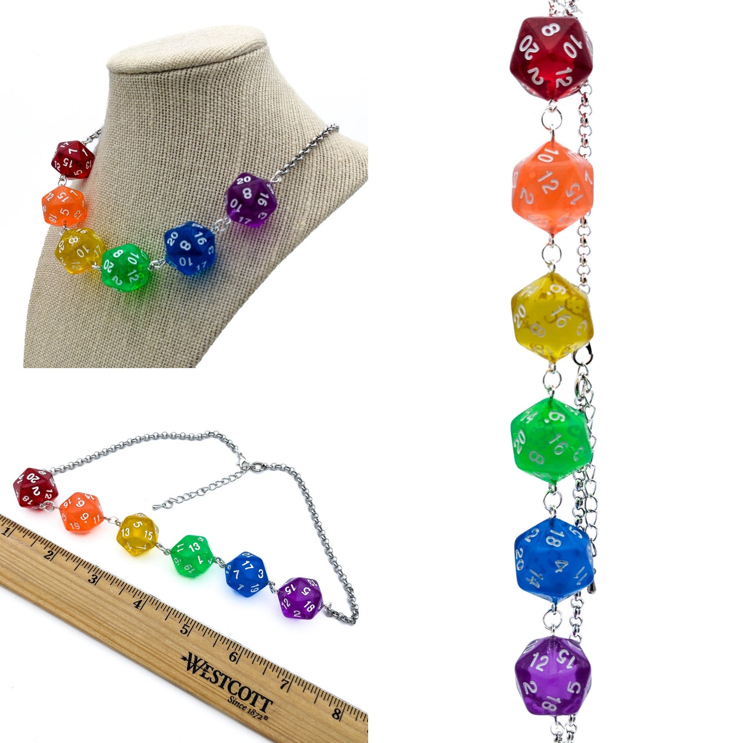 D20 Rainbow Dice Necklace - Translucent Rainbow D20s