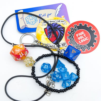 TTRPG/D&D Grab Bag - Unisex Gift for Kids or Adult DND Players - Necklace/Bracelet/Keychain/Mini Dice/Magnets in Pouch