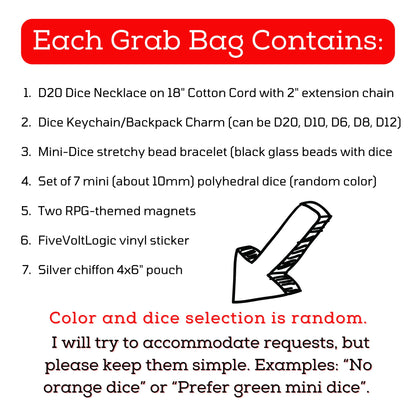 TTRPG/D&D Grab Bag - Unisex Gift for Kids or Adult DND Players - Necklace/Bracelet/Keychain/Mini Dice/Magnets in Pouch