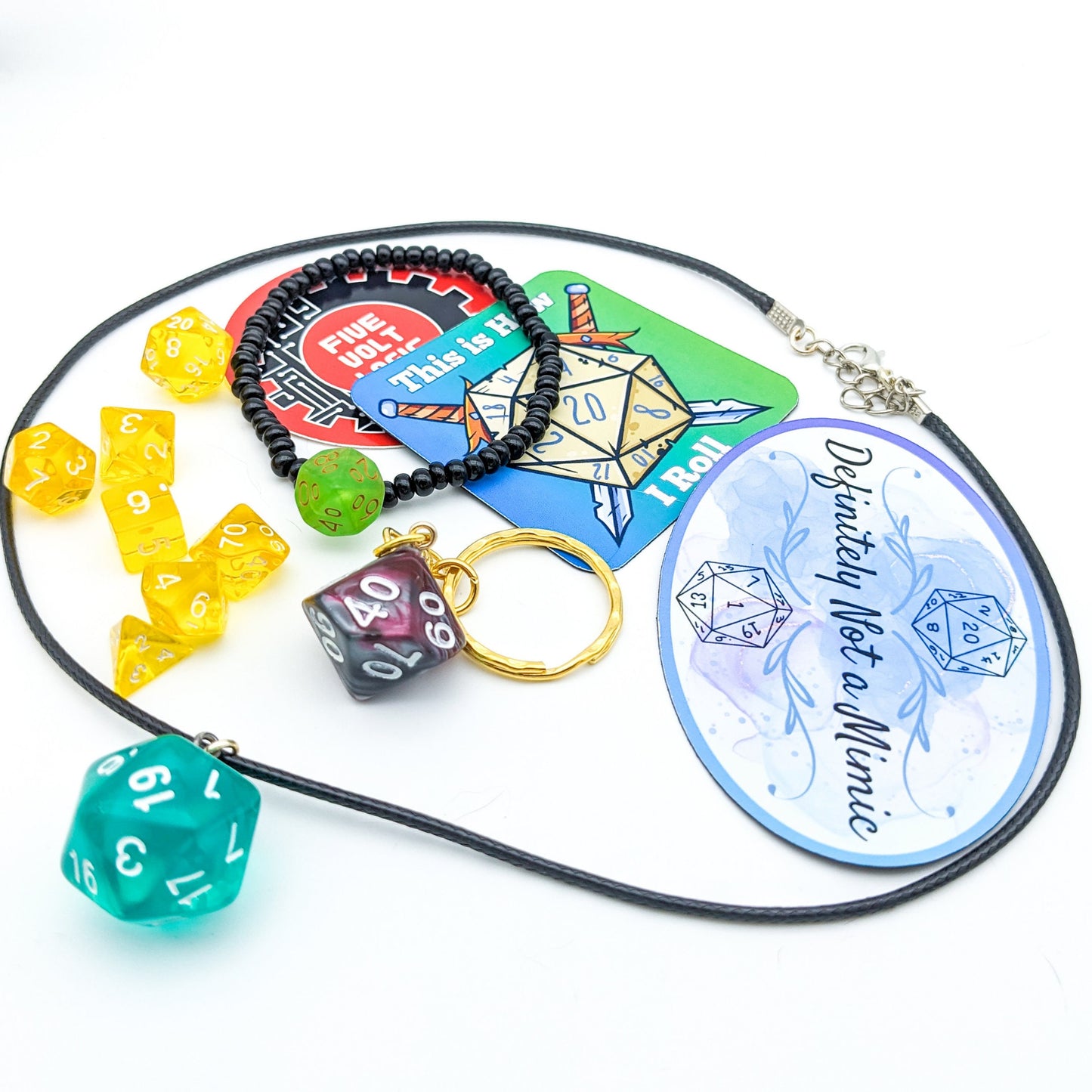 TTRPG/D&D Grab Bag - Unisex Gift for Kids or Adult DND Players - Necklace/Bracelet/Keychain/Mini Dice/Magnets in Pouch