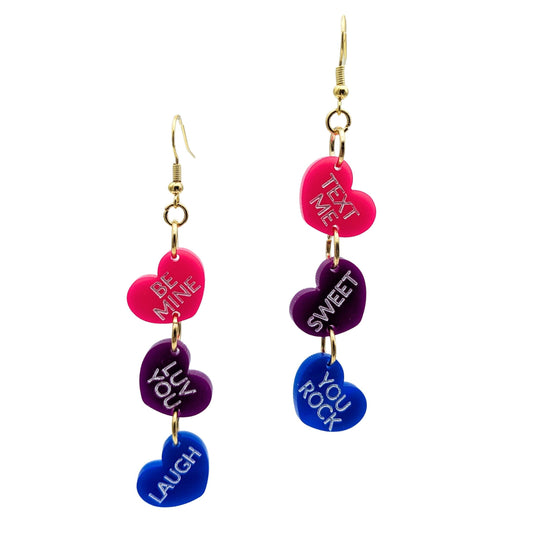 Bisexual Valentines Day Earrings - Bi Conversation Heart Earrings - Pride Flag Colors - Fun Laser Cut Acrylic