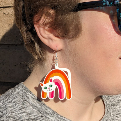 Lesbian Cat Earrings - Pride Flag Cat Earrings -Big Bold Lesbian Earrings - Fun Quirky Cute LGBTQ Laser Cut Acrylic