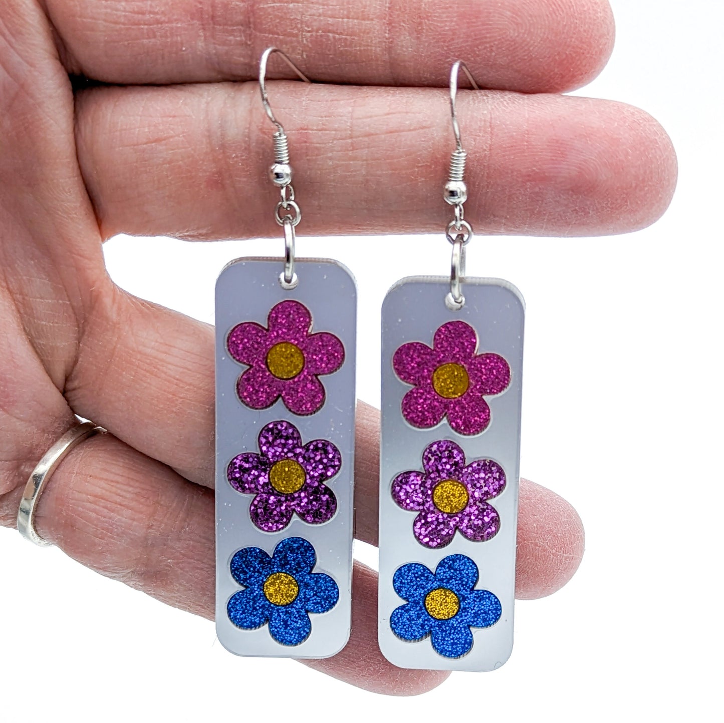 Bisexual Pride Flower Earrings - Pride Flag Daisy Earrings - Subtle, Lightweight Laser-Cut Acrylic Bi Flag Jewelry